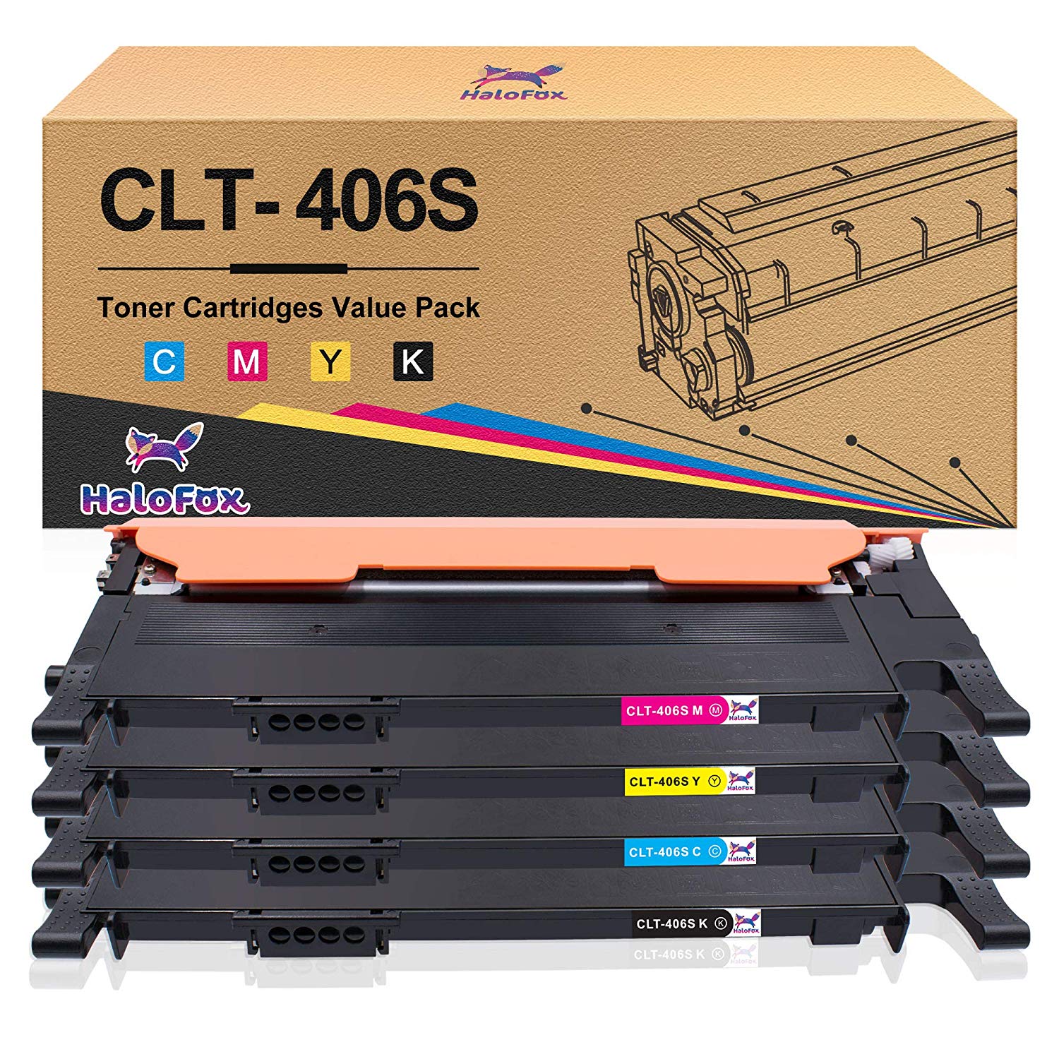 HaloFox 4PK Compatible Toner For Samsung CLT-K406S C406S Y406S M406S CLP-365W Xpress SL-C410W C460FW