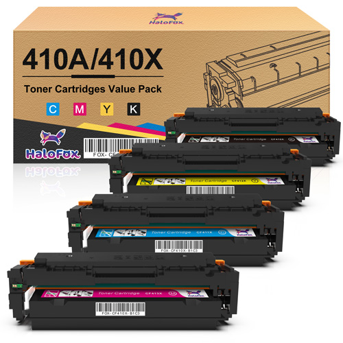 HaloFox Compatible Toner Cartridge Replacement for HP 410X 410A CF410X CF411X CF412X CF413X Pro MFP M452dn M452dw M452nw M377dw M477fdw M477fnw M477fdn (Black, Cyan, Yellow, Magenta, 4-Pack)